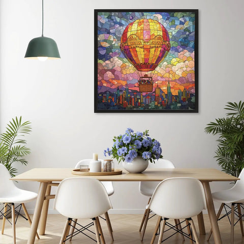 Stained Glass Hot Air Balloon 1000 Piece Jigsaw Puzzle City In The Clouds Scene That Slaps For Game Night And Gift Giving hanging above a dining table.