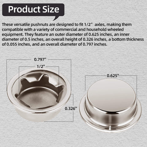 8 Pack Spring Steel Push On Pushnut Caps With Mechanical Zinc Plating For One Half Inch Axles, size dimensions shown