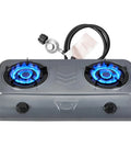 35000 BTU Two Burner Propane Gas Stove Cooktop For Outdoor Camping with CSA regulator, showing blue flames on burners
