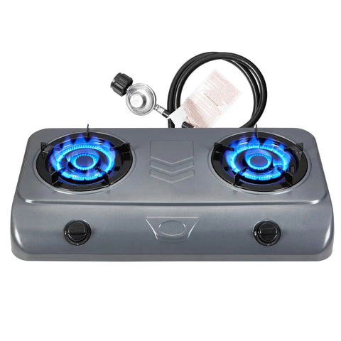 35000 BTU Two Burner Propane Gas Stove Cooktop For Outdoor Camping with CSA regulator, showing blue flames on burners
