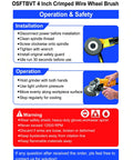 OSFTBVT 4 Inch Crimped Steel Wire Wheel Brush compatible with angle grinders, detailed installation and safety instructions.