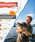 Angler holding bass fish with 130Piece Pro Fishing Lures Kit, including metal spoons, spinnerbaits, and tackle box in background.