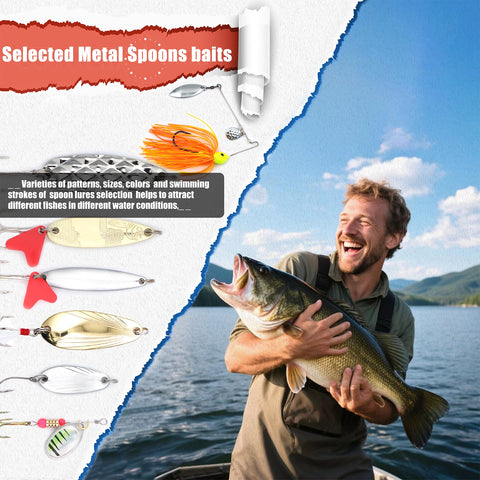 Angler holding bass fish with 130Piece Pro Fishing Lures Kit, including metal spoons, spinnerbaits, and tackle box in background.