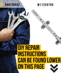 DIY repair tools and Dishwasher Slide Track Rail Right Side Replacement For Whirlpool KitchenAid Maytag Jenn Air shown.