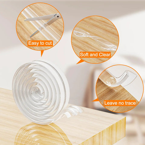 Clear Baby Corner Protectors 6M 20FT Pre Taped Edge Guards With Strong Adhesive Tape For Cabinets Tables And Drawers Kid Safe Silicon Soft Edge Guards Easy Install And Removal shown coiled with examples of use.