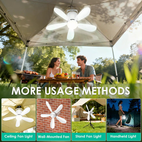 Outdoor Solar Ceiling Fan With Light 21 Inch Portable 30W Remote Controlled Wireless Battery Powered for camping outdoors