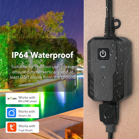Outdoor Smart Dimmer Plug For String Lights And LED Filament Halogen Lamps Easy App Control Waterproof Works With Google Assistant And Alexa Requires 2.4 GHz WiFi shown installed on a wall near a lit pool and trees.