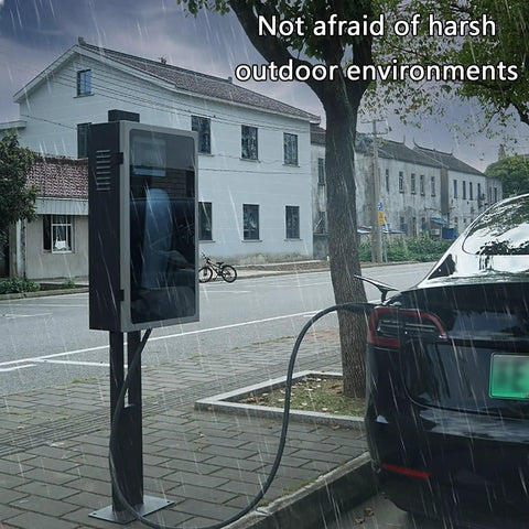 Beefed Up Locking EV Charger Weatherproof Enclosure Heavy Gauge Steel Floor Mount in rain near parked electric vehicle