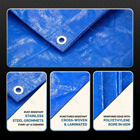 Blue 30x50 Waterproof Tarp Heavy Duty 5 Mil Poly Tarp All Weather Shield Tough As Nails detail with grommets and features