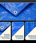 Close-up of heavy duty 16x20 blue waterproof tarp with 5 mil thickness, showing stainless steel grommets and polyethylene rope hem.