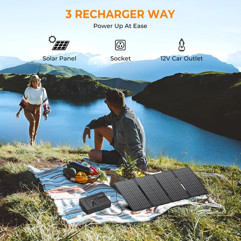 Outdoors with Solar Powered Generator 200W Portable Power Station With 40W Solar Panel 146Wh Battery