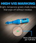 Long Reach Heavy Duty Chalk Powder Shot Marker With Vivid Green Dust for marking on wood, showing bright green chalk marks.