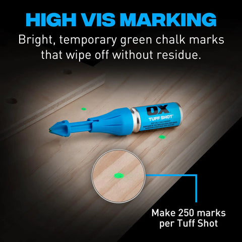 Long Reach Heavy Duty Chalk Powder Shot Marker With Vivid Green Dust for marking on wood, showing bright green chalk marks.