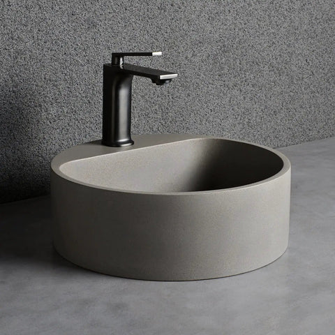 Top Tier Grey Terrazzo Round Vessel Sink 15.7 Inches Above Counter Bathroom Vanity Basin with black faucet.