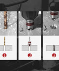 Three-step drilling process using the Five Piece Cobalt 5 Flute Countersink Drill Bit Set Heavy Duty M35 82 Degree Chamfer Tool Set.