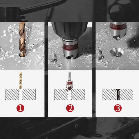 Three-step drilling process using the Five Piece Cobalt 5 Flute Countersink Drill Bit Set Heavy Duty M35 82 Degree Chamfer Tool Set.