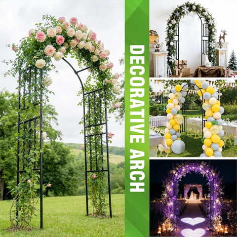 Sturdy Garden Arbor Arch For Climbing Plants With Durable PE Coated Metal Frame Measuring Seven Point Nine By Three Point Nine Feet Wide Yard Trellis For Vines Outdoor Decor For Weddings Halloween And Christmas Black Finish Includes Ground Stakes, shown with floral, balloon, and light decorations