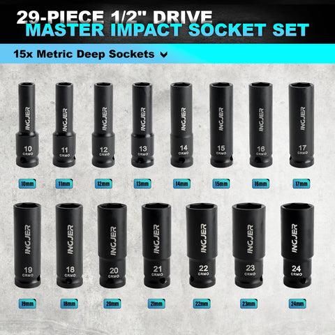 One Half Inch Drive Impact Socket Set, 29 pieces with metric sizes 10 to 24mm visible, CR MO steel high torque sockets.