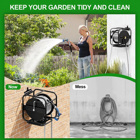 Upgraded Metal Garden Hose Reel With 100 Ft Main Hose And 6.2 Ft Guide Hose in use watering garden, mounted on wall