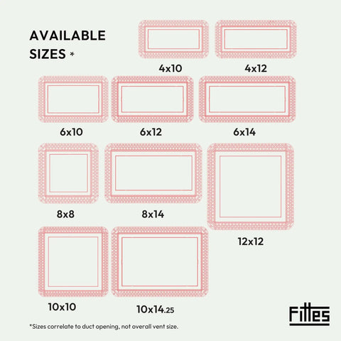 Available sizes chart for Flush Mount Wall Vent Cover 4x10 Inch, Minimalist White ABS Plastic HVAC Air Return Grille.