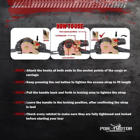 How to use No Sweat Auto Retracting Ratchet Straps 2 Pack 2 In By 9 Ft with step-by-step instructions and locking mechanism.