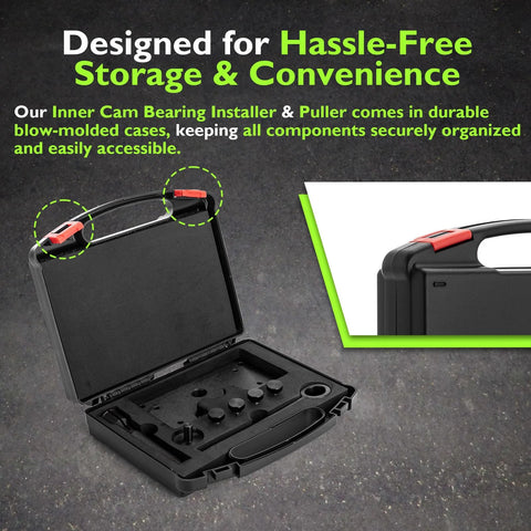 Open and closed black Mofun camshaft bearing installer/remover tool kit in molded case with accessories