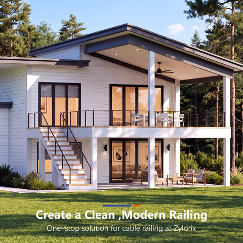 Totally Modular Cable Railing Kit For Decks And Patios Featuring 42 Inch Stainless Wire Posts Quick Diy Assembly No Sweat Installation complete railing system on modern home deck.
