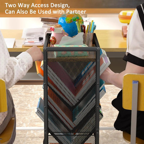 8 Tier Rolling Book Cart With Wheels For Narrow Spaces, Two Sided Access Bookcase in classroom setting between desks