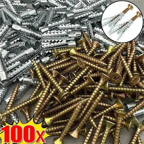 Heavy Duty Self Drilling Wall Anchor Bolts Set 200 Steel Expansion Tubes Self Tapping Screws Yellow Zinc Plated Carbon Steel For No Prep Install On Drywall Cabinets Shelves TV Mounts, 100x assorted