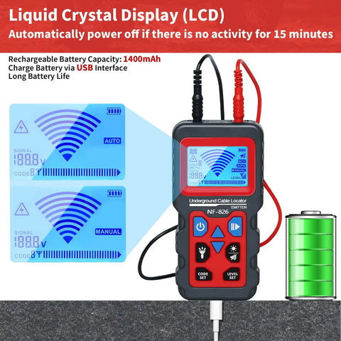 Underground Cable Locator and Wire Tracker NF826 showing LCD display, rechargeable battery indicator, and control buttons.