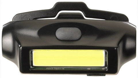 Front view of Bandit 180 Lumen USB Rechargeable LED Headlamp with black design showing LED panel and clip.