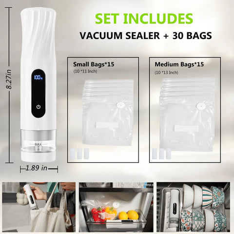 Compact Handheld Vacuum Sealer For Food Storage With 80kPa Suction 1800mAh Battery 30 Reusable Bags set display with use