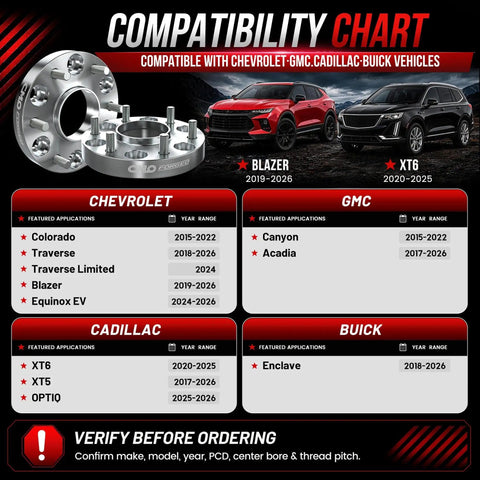 Compatibility chart for Road Ready Plug And Play 1/4 Inch Wheel Spacers 6X120 Bolt Pattern for GMC Canyon and Chevy Colorado.