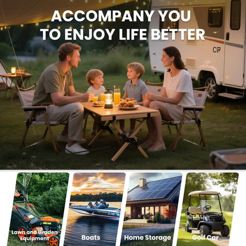 Family enjoying outdoor dinner with RV using 12V 100Ah LiFePO4 Battery With Built In 100A BMS Group 31 for power