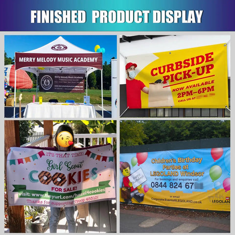 Finished display of Personalized Vinyl Banner For Any Occasion Create Large 2 By 1 Foot To 20 By 10 Foot Signs various designs.