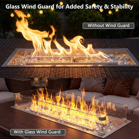 30 Inch By 10 Inch Drop In Fire Pit Kit With Premium Stainless Steel Trough And Tempered Glass Wind Guard Built In Outdoor Table Flame Feature For Patio Backyard And Entertaining