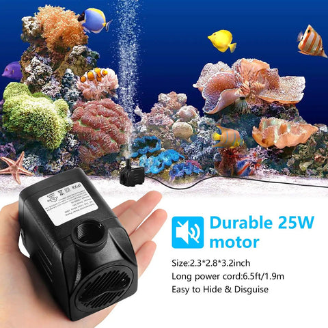 Fountain Pump Kit Two Pack 400 GPH Submersible Water Pump displayed in hand near aquarium with coral and fish.