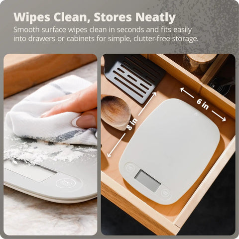 Cleaning Go-To Slim Digital Kitchen Scale With 1g Precision, Easy Tare, Compact Design stored in drawer