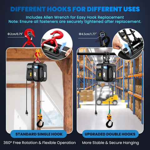 Electric Hoist Pro 1100lb Winch With Single And Double Hooks, 110v 120v Beefed Up Lift System, hook setup options