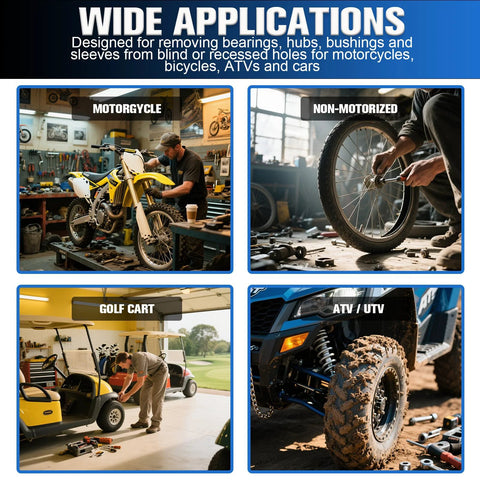 YATOINTO 12-Pcs blind hole bearing puller kit: collage showing motorcycle, bike wheel, golf cart, and ATV/UTV scenes