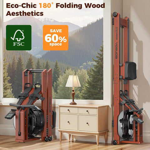 Water Rowing Machine For Home Gym With Foldable Wooden Frame 400 Lb Capacity in upright storage next to a drawer