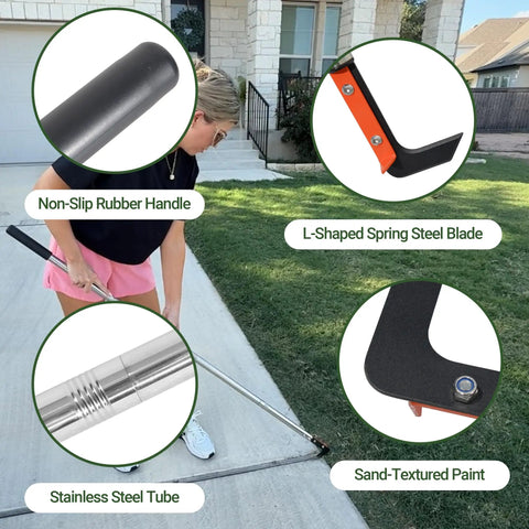 Long Reach Crack Weeder With Spring Steel L Shaped Blade And Adjustable Stainless Handle 58 Inch Weeding Tool in use on sidewalk