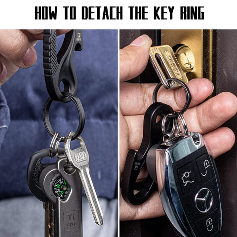 Heavy Duty Titanium Key Ring Set With Side Push Design For Easy One Hand Access Split Keyring And Carabiner Keychains For Car Keys Everyday Carry Ready Dog Tags And Essentials Black Finish K27x2 shown in use attached to car key and house key.