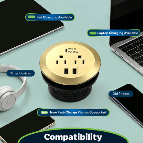 GaN Desk Grommet With 60W USB-C PD Fast Charging, 2 USB-A Ports, And Duplex Outlet Receptacles on a desk with devices, gold finish