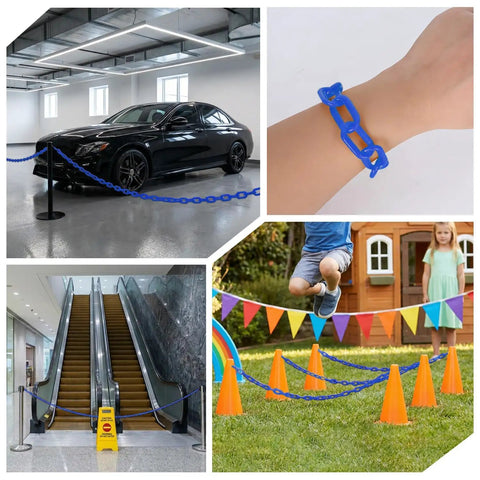 Collage of Heavy Duty 120 Ft Plastic Safety Chain With 25 S Hooks For Crowd Control And Barrier Setup used in various settings.