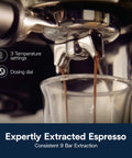Close-up of compact espresso machine with built-in burr grinder and milk frother for a home barista kit brewing espresso shot.
