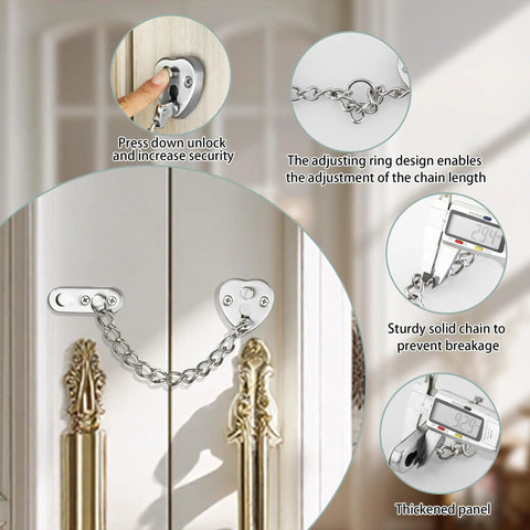 Heart Shaped Door Chain Lock With Press To Unlock Adjustable 3mm Chain Kid Proof Security For Home Apartment Bedroom And Travel Stainless Steel Brushed Nickel Finish installed on doors with chain and unlocking mechanism visible
