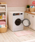 Big Time Hit Miniature Washing Machine Featuring Smooth Operable Lid And 1/12 Scale White Towel Set Serious Flex For Dollhouse Furniture and Cozy Room Decor Display Collection displayed in wash area.