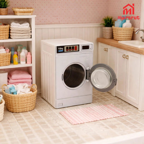 Big Time Hit Miniature Washing Machine Featuring Smooth Operable Lid And 1/12 Scale White Towel Set Serious Flex For Dollhouse Furniture and Cozy Room Decor Display Collection displayed in wash area.
