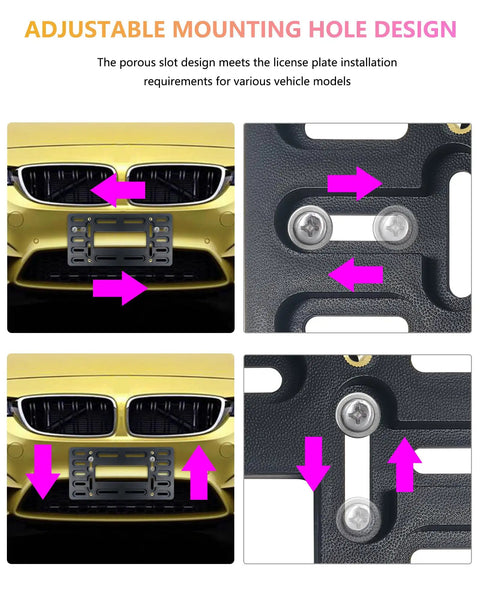 Front License Plate Holder Bracket Black Universal ABS Mounting Kit Frame with adjustable holes and copper-threaded inserts.